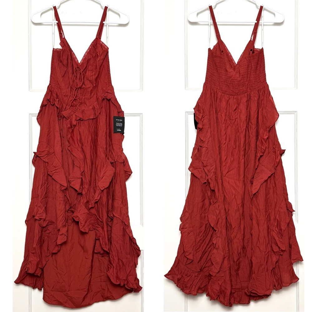 NWT LULUS Lace Up Pintuck Bustier Sleeveless Ruffle Skirt Cottagecore Dress M - Picture 3 of 5